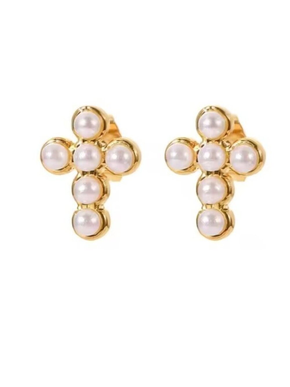 Mini Gold Pearl Cross Stud Earrings  Timeless & Tarnish Resistant Pretty Studs - Picture 5 of 9